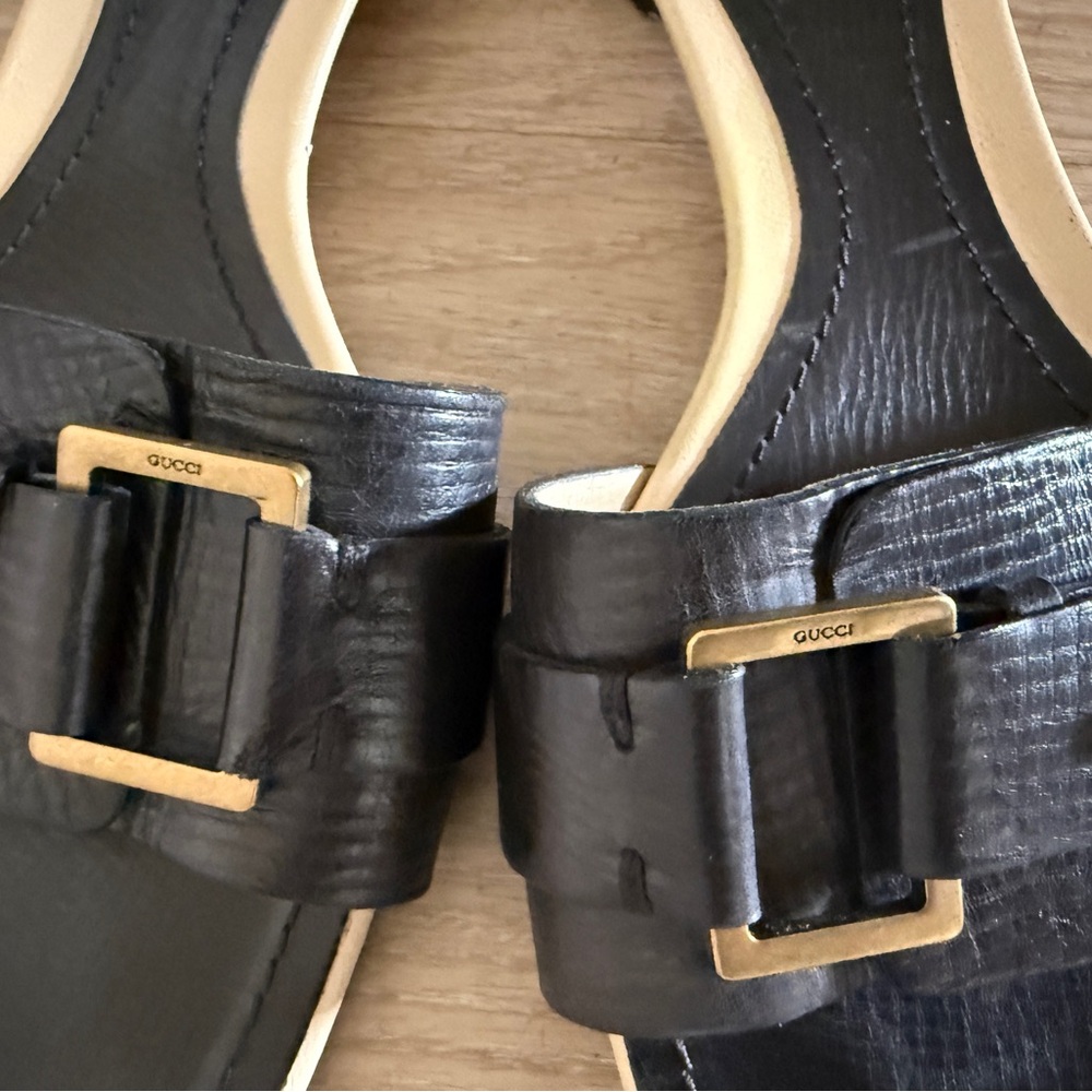 Gucci Black Leather Buckle Slide Sandals Square Toe Heel EU 37 - Picture 7 of 7